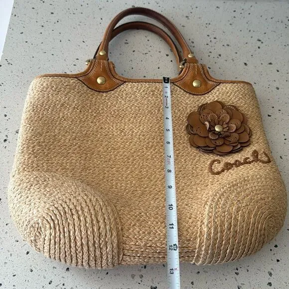 Coach Bleecker Natural Straw Tan Tote Handbag with Leather Accents Boho Vacation - Picture 8 of 16